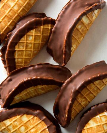A close up of mini chocolate tacos.