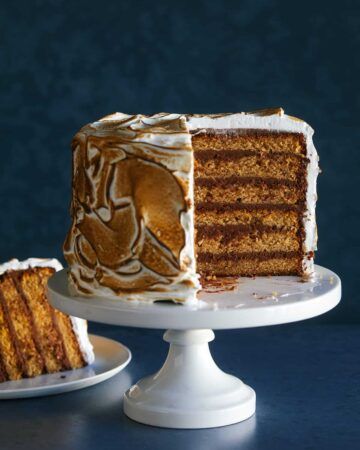 A six layer s'mores cake with a slice cut out and served on a plate.