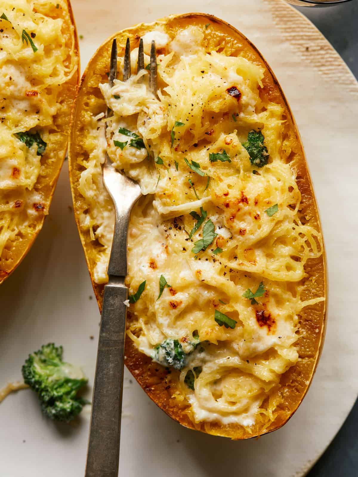 A close up of spaghetti squash and broccoli alfredo with a fork.