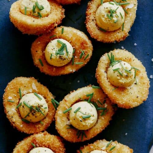 A close up of fried deviled eggs, a new years eve finger food recipe.