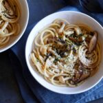 Bowls of wild mushroom wafu pasta with soy butter sauce.