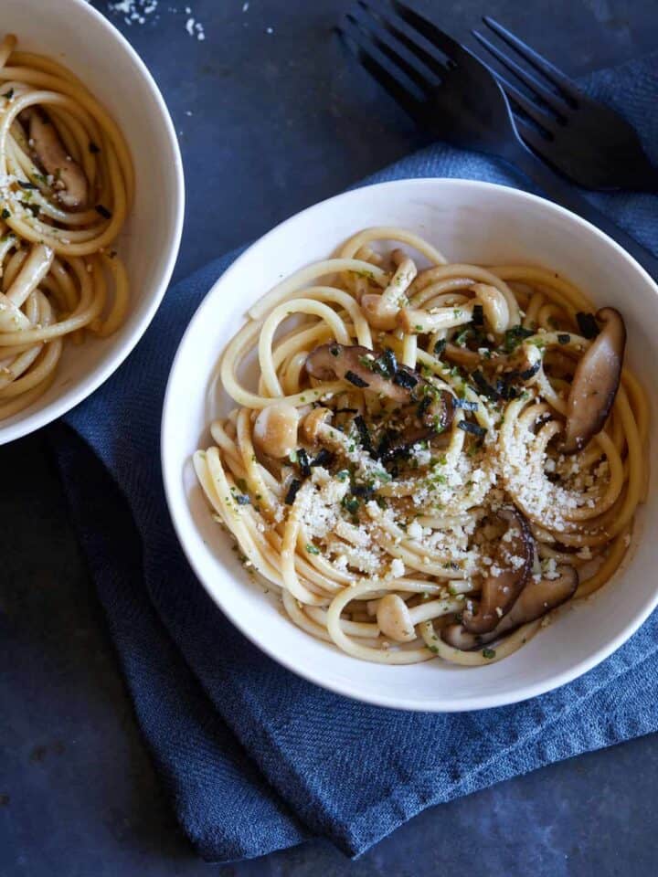 Bowls of wild mushroom wafu pasta with soy butter sauce.