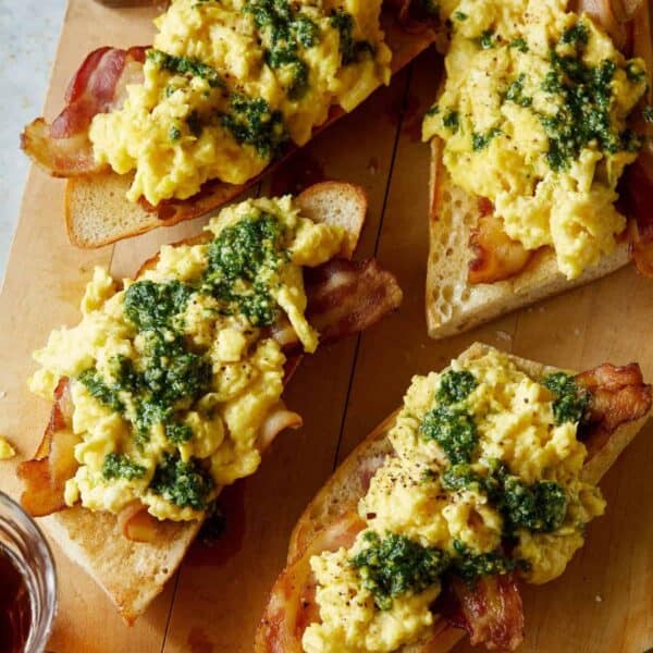 Pesto Topped Soft Scrambled Eggs with Bacon