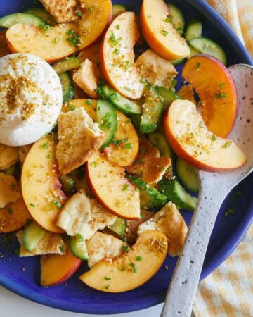 A close up of peach panzanella salad with a spoon.
