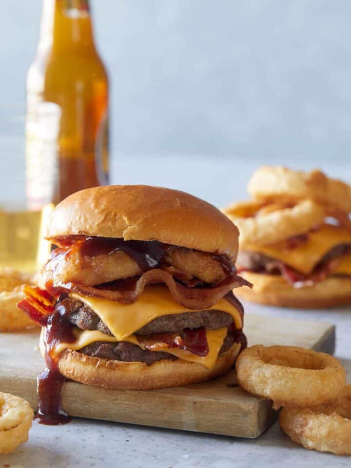 Bacon western double cheeseburgers with onion rings.