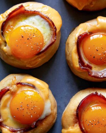 A close up of several egg mcmuffins.