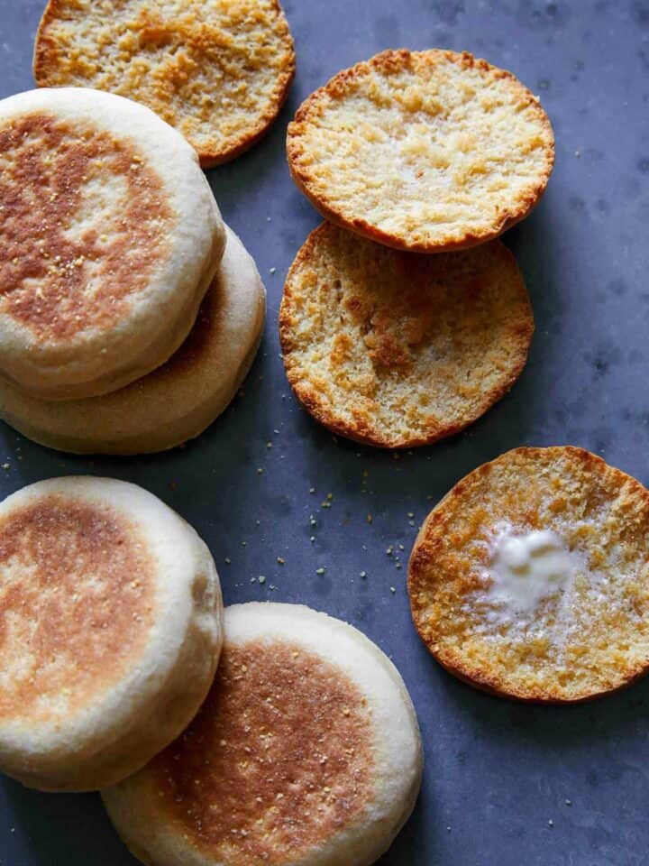 Homemade full and halved English muffins.