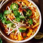 Spicy chicken laksa in a bowl.