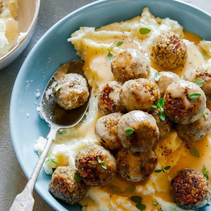 Vegan Swedish Meatballs over Mashed Potatoes and Gravy
