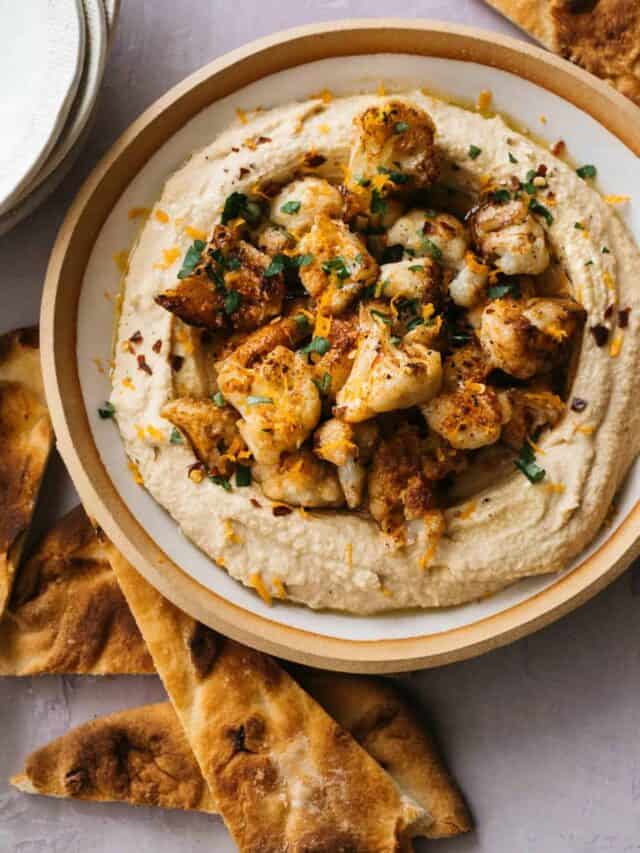 Spicy Roasted Cauliflower Over Hummus Spoon Fork Bacon