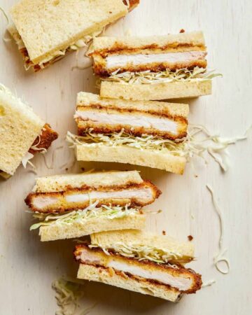 Pork katsu sandwiches cut in half.