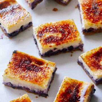 Blueberry cheesecake creme brûlée bars.