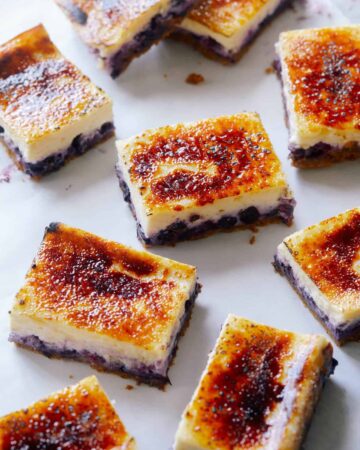 Blueberry cheesecake creme brûlée bars.