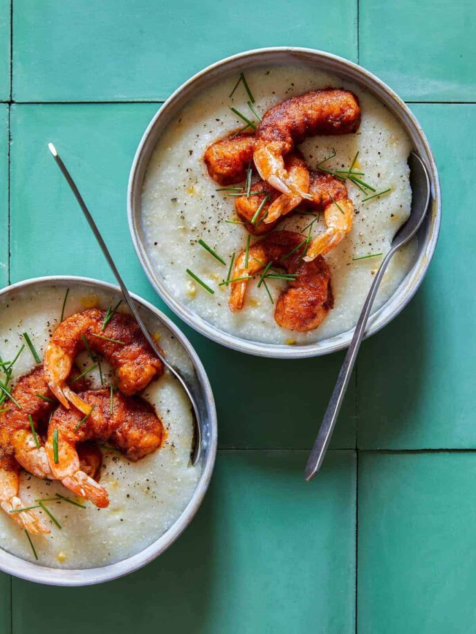 Bowls of shrimp over cheesy corn grits with spoons.