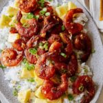 Hawaiian style crispy garlic butter shrimp over white rice.