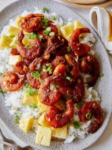 Hawaiian style crispy garlic butter shrimp over white rice.