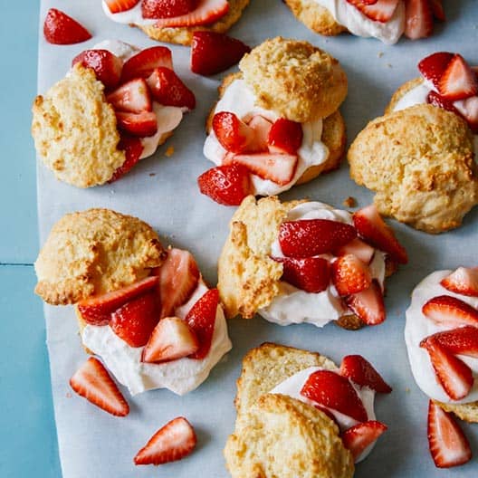 Cornmeal drop biscuit strawberry shortcakes.