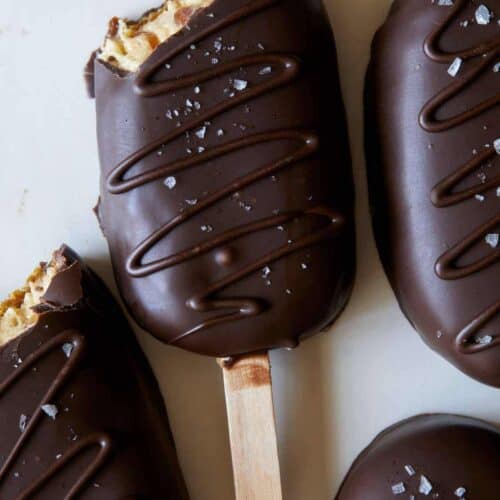 A close up of crunchy peanut butter pie pops.