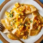 Close up shot of Creamy Corn Ravioli on a plate.