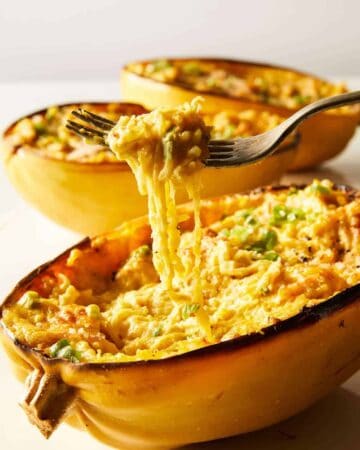Vegan baked alfredo spaghetti squash with some squash twirled on a fork.