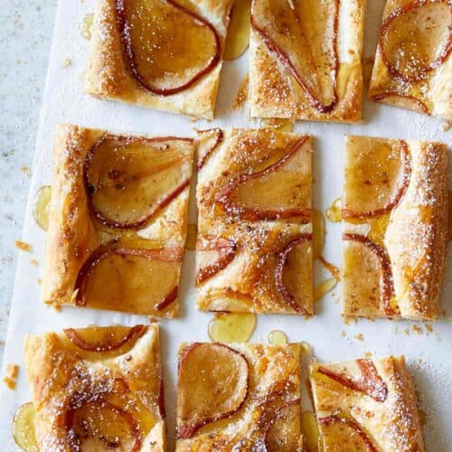 Sliced caramelized pear tart.