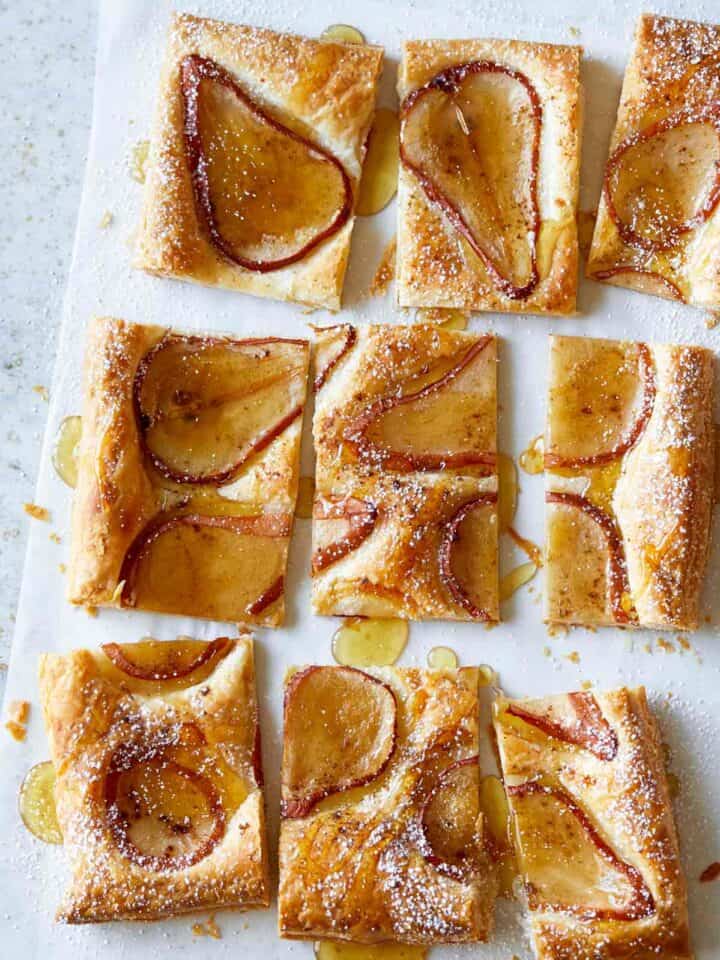 Sliced caramelized pear tart.