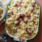 Baked Carbonara Mac and cheese with bacon and peas.