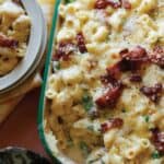 Baked Carbonara Mac and Cheese recipe in a baking dish.