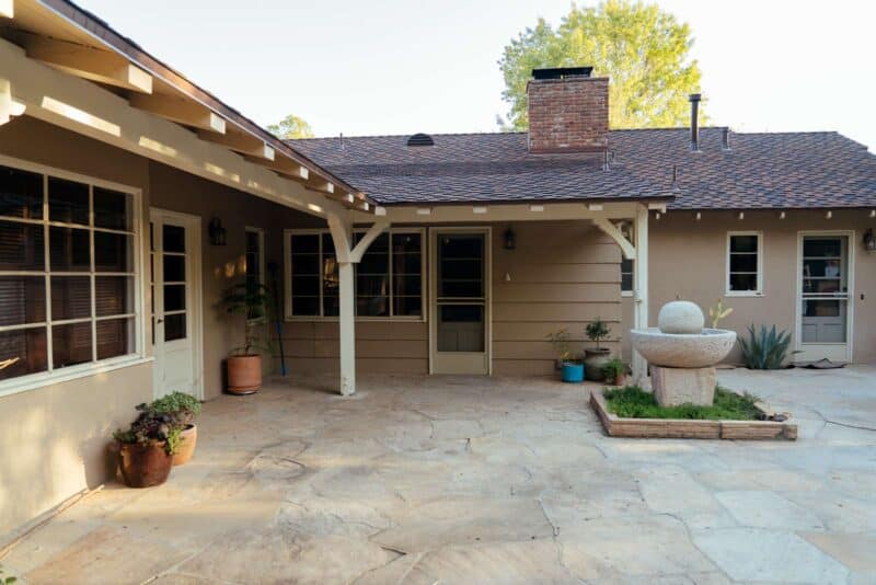 Patio with a fountain.