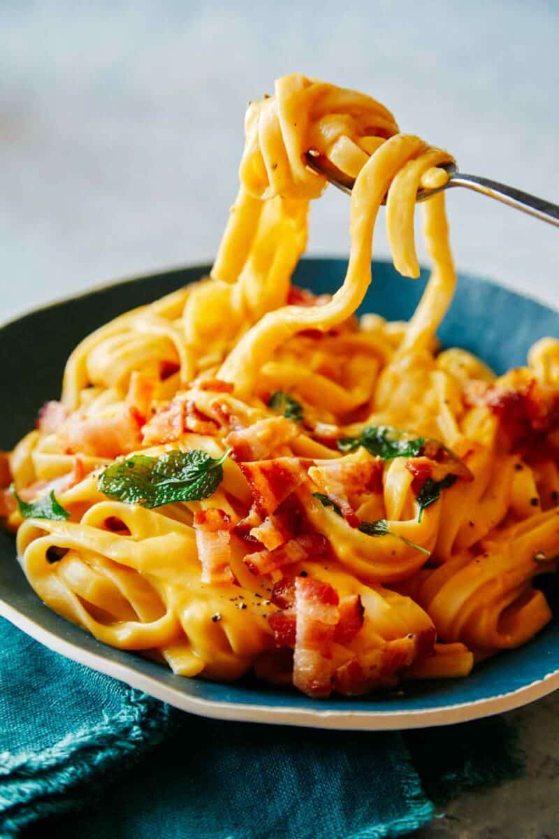 A close up of dairy free creamy butternut squash pasta twirled on a fork.