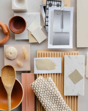 Kitchen renovation mood board with neutral colors and several textures.