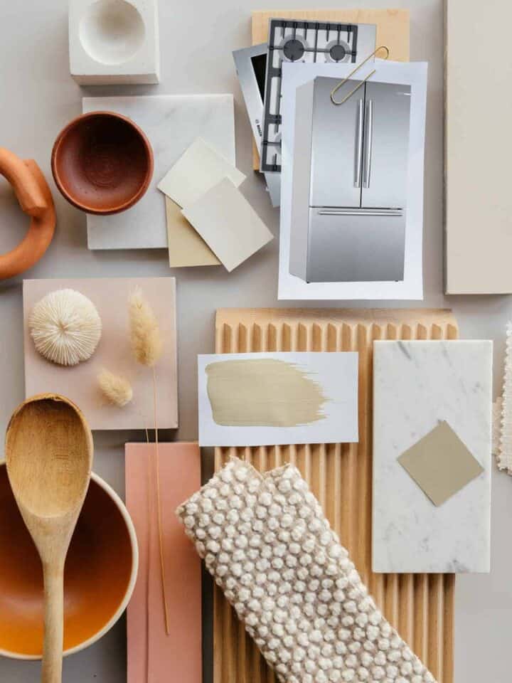 Kitchen renovation mood board with neutral colors and several textures.