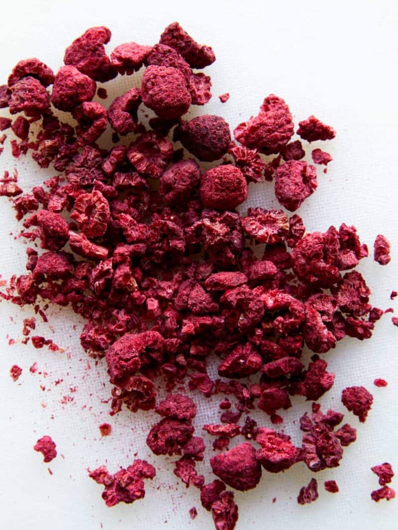 A close up of freeze dried raspberries.