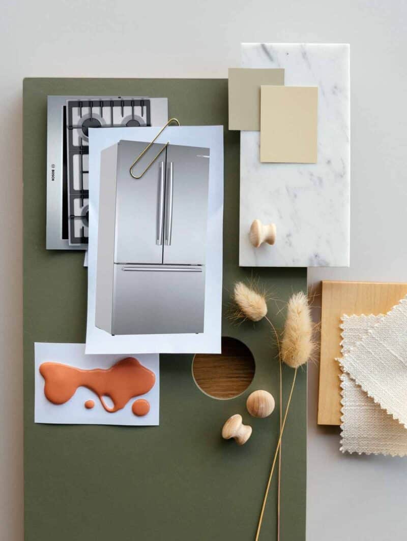 Kitchen mood board with green and neutral colors with texture.