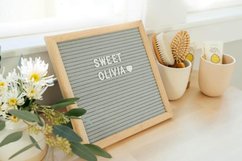 Felt letter board spells out \"Sweet Olivia\"