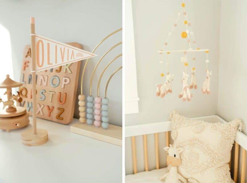 Wooden baby toys and mobile over crib.