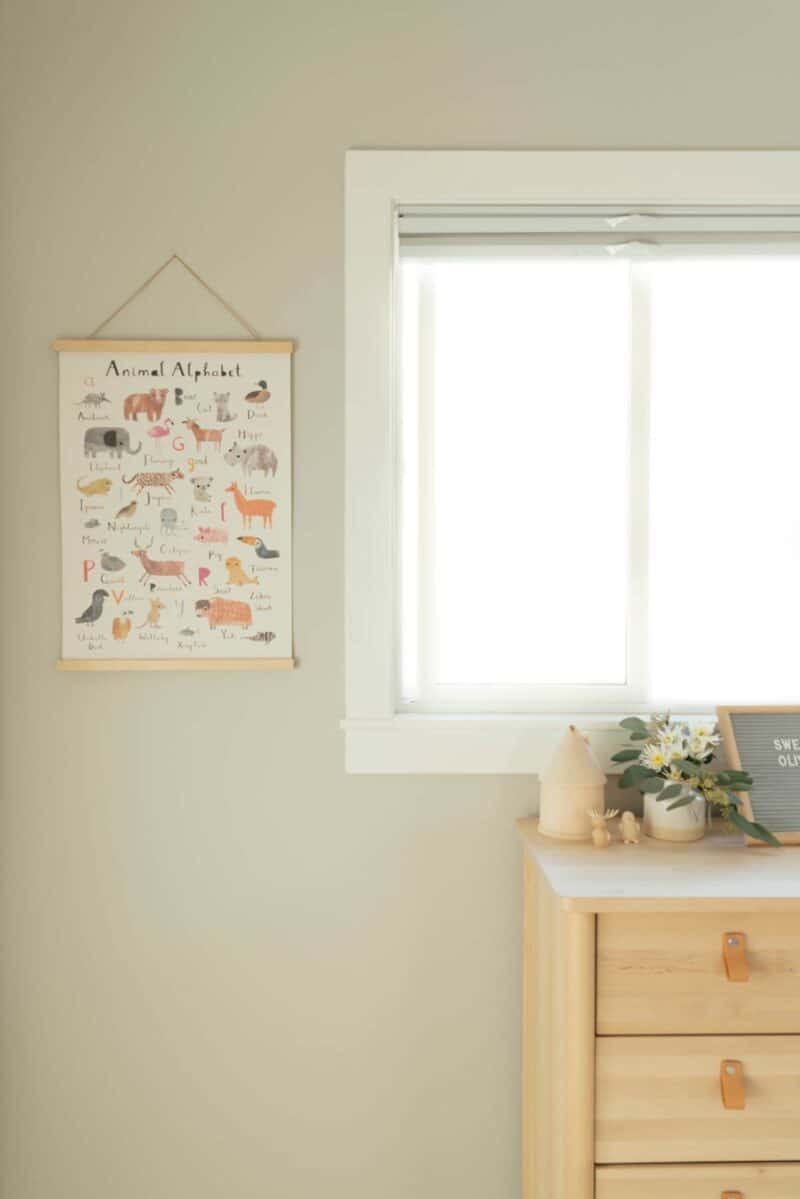 Wall decor, window, and top of dresser in nursery.