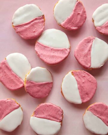 Pink and white frosted Valentine's Day cookies.