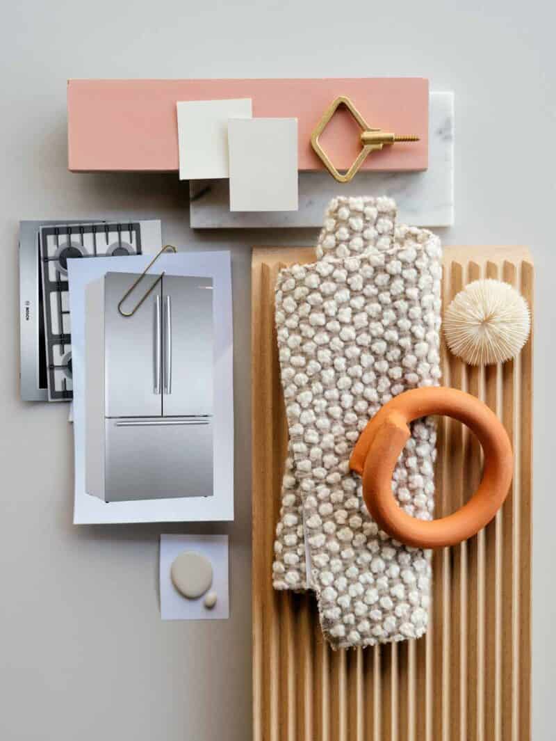 Kitchen mood board with tan neutral colors and texture.