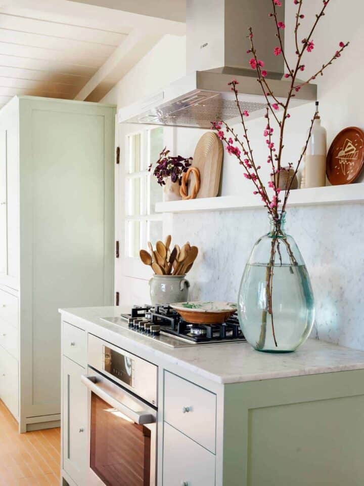 Bosch Stove top oven with wooden spoons and vase on the counters with shelving above.