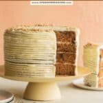 A recipe for carrot cake with cream cheese frosting. The three layer cake sliced open to reveal the cake texture.