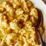 A close up of cauliflower mac and cheese with a spoon.