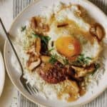 Loco Moco on a plate with a fork.