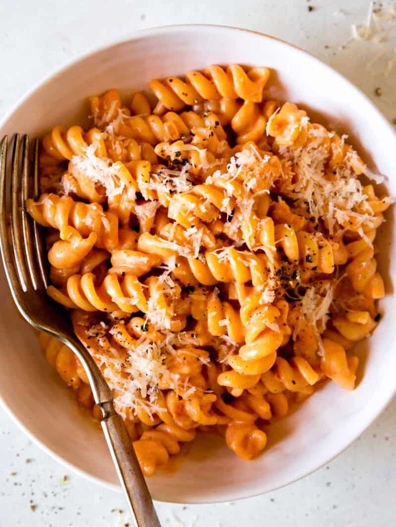 Homemade Vodka sauce recipe with rigatoni in a bowl. 