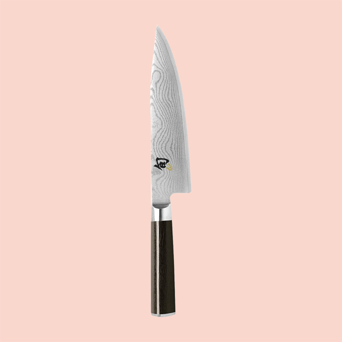 Black handled Shun 8 inch chefs knife.