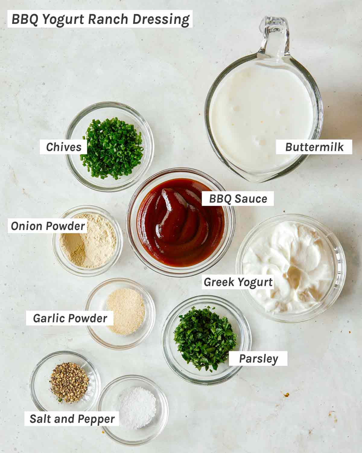 Ingredients for BBQ yogurt ranch dressing.