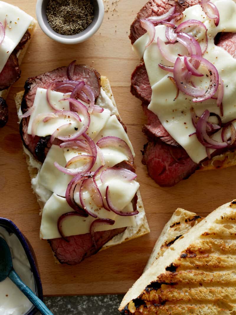 Grilled Tri Tip Sandwiches overhead before the tops get put on. 