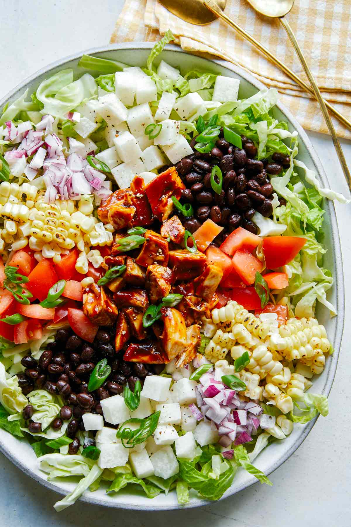 A close up of our BBQ Chicken Salad recipe in a bowl 