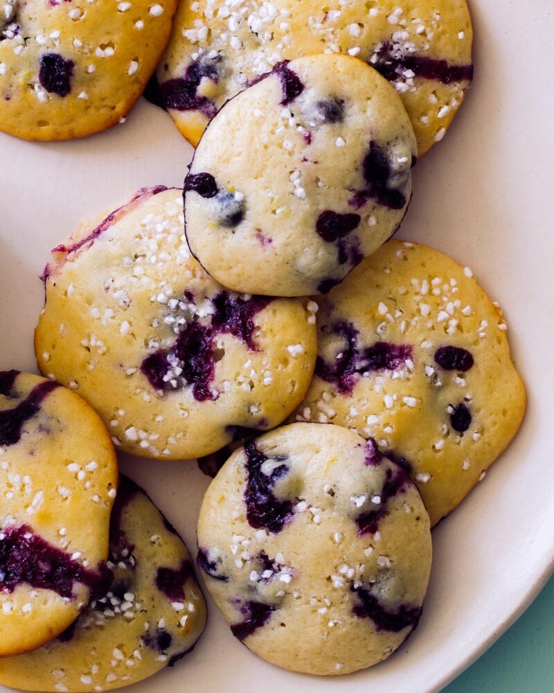 Blueberry yogurt cookies on a platter. 