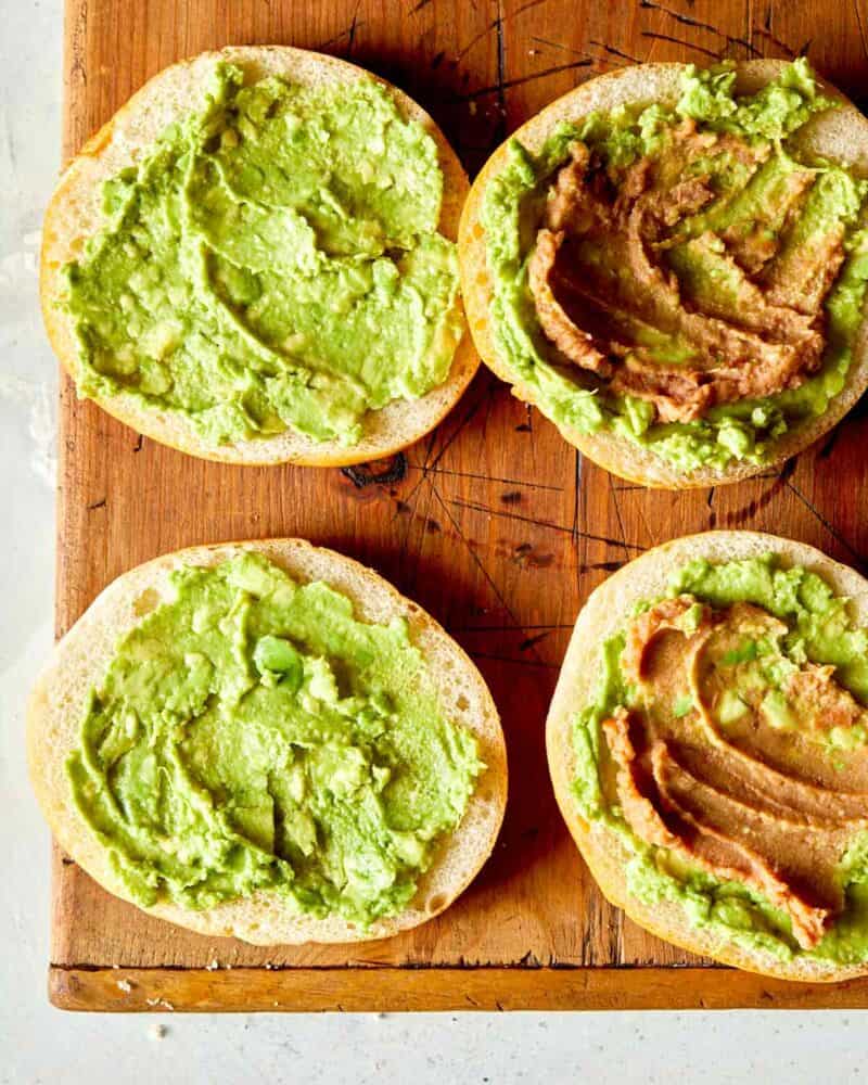 refried beans on a roll for carne asada sandwhich